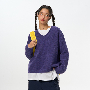 SENDAWAY 24AW羊驼绒混纺紫色V领毛衣纯色软糯宽松休闲百搭秋冬款