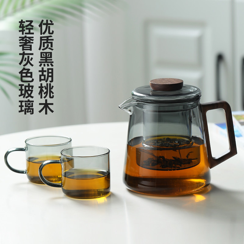 高硼硅耐热玻璃煮泡茶壶透明过滤内胆功夫茶具木把花茶壶套装加厚