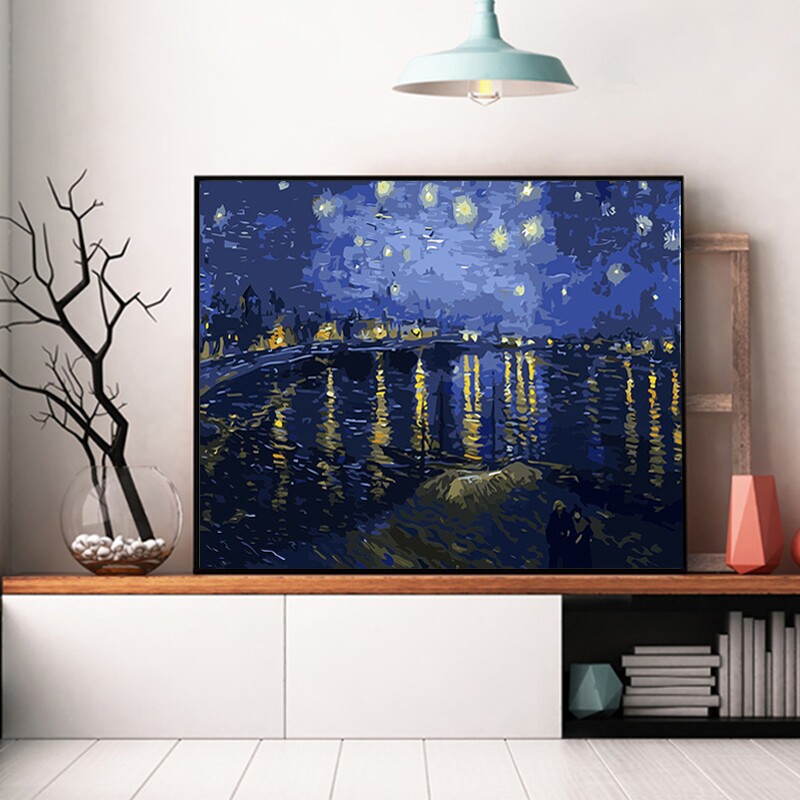 梵高世星名画星夜diy数字油彩画罗纳河上的界夜手绘填充装饰油画