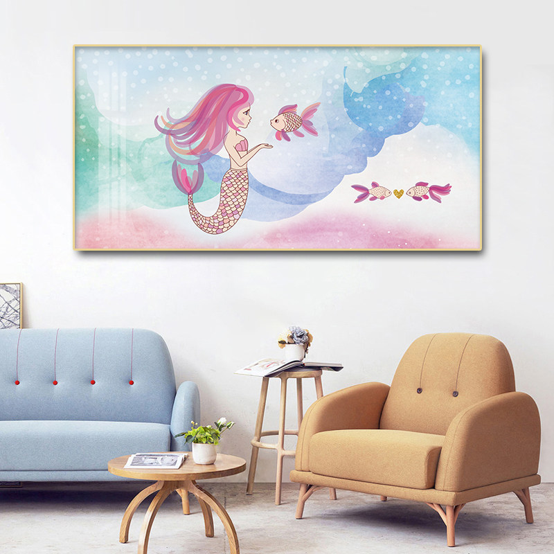 卧室墙面装床儿童房装饰画美人鱼女孩房间挂饰卧室装饰画画头壁画