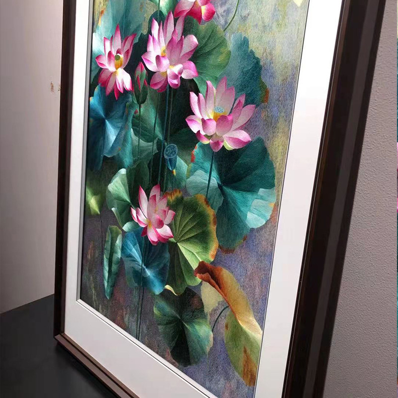 苏绣成品品画荷花玄关刺绣纯手工客厅走廊式中新布艺艺术挂装饰画