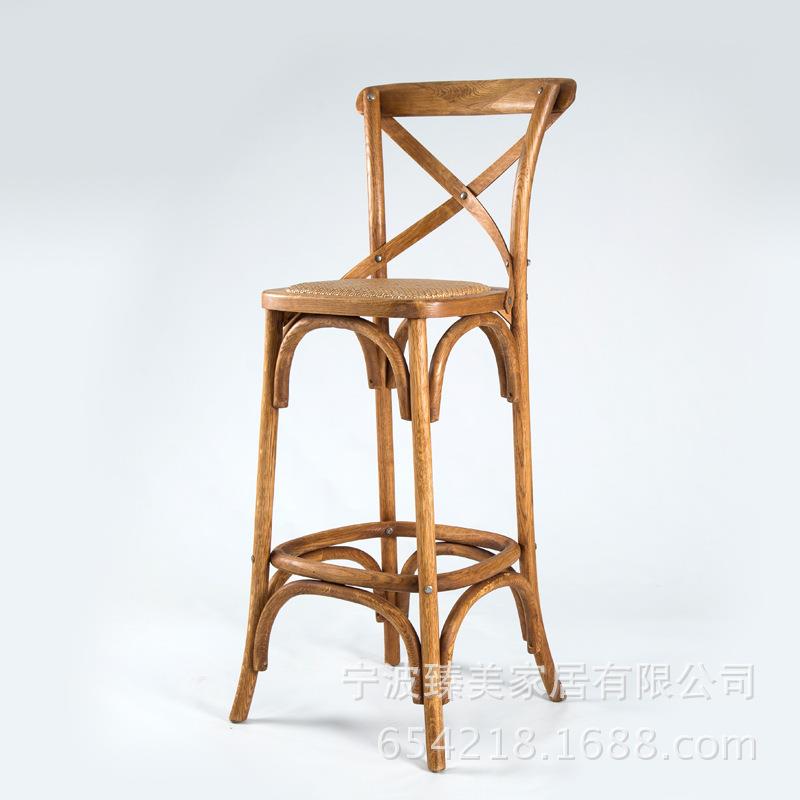 美式实木脚吧椅简约时尚酒吧凳子靠背橡木家具复古吧台椅子