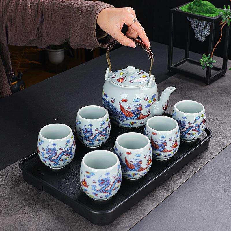 龙凤呈祥高档复古提梁壶茶具套装大茶壶茶杯一壶六杯带过滤网整套