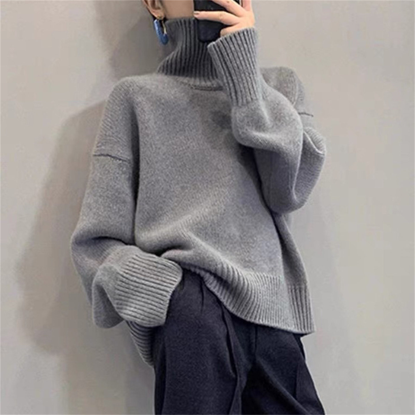 小个子2025秋冬新款韩版宽松休闲百搭高领毛衣女慵懒风针织衫灰色