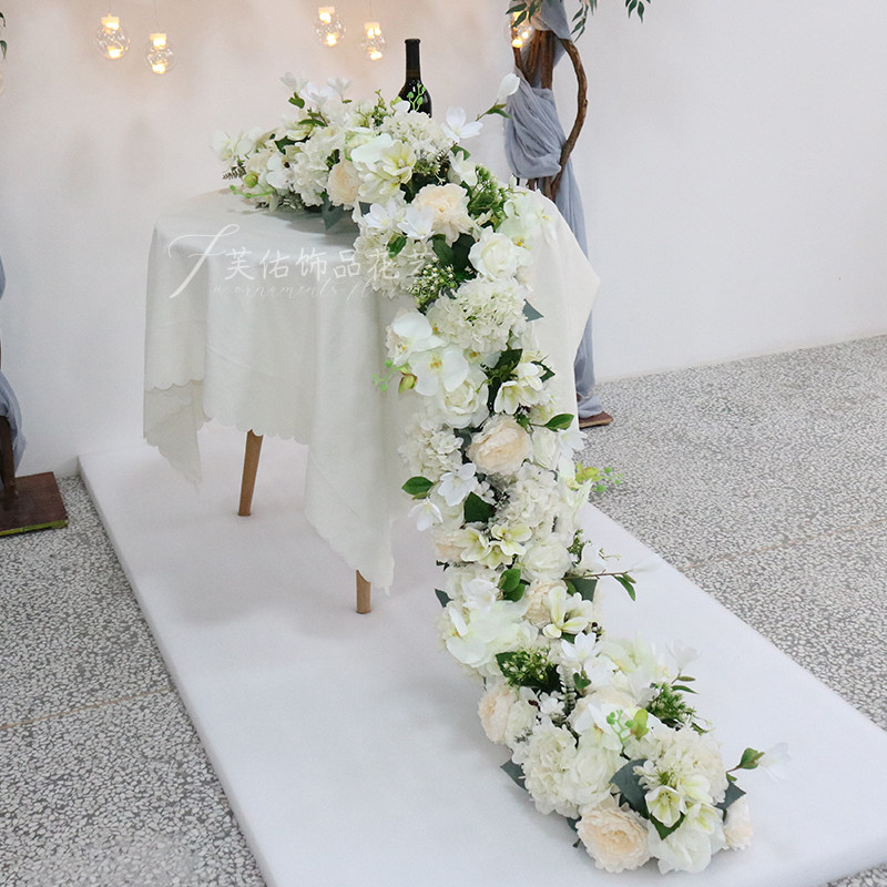 仿真花艺装饰婚礼挂花条花拖尾店铺橱窗挂饰花排长条舞台插花成品
