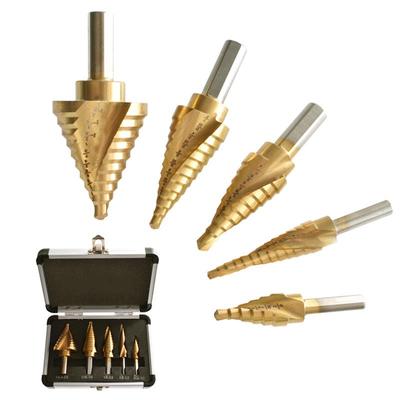 螺旋英制宝塔钻头5pcs高速钢开孔器套装三角柄镀钛多功能阶梯钻头