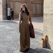 依凡芙驼色针织高级感针织套装 休闲慵懒风女小个子直筒裤 2件套