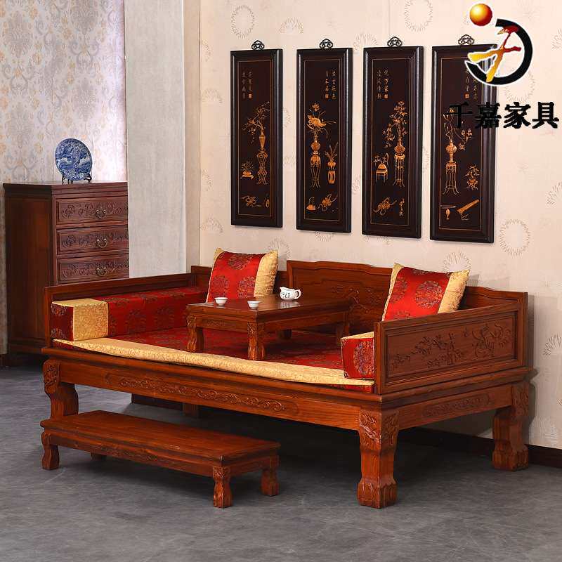 仿古罗汉床 榆木沙发床 中式家具双人床 木质雕花床 古典结婚床
