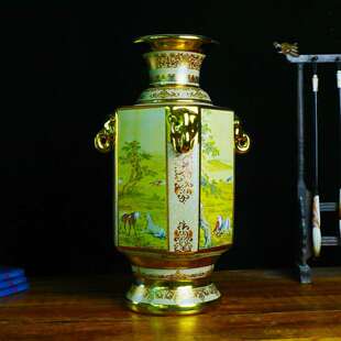 景德镇中式仿古描金瓷器陶瓷花瓶家居瓷器装饰摆件骏马图四方瓶