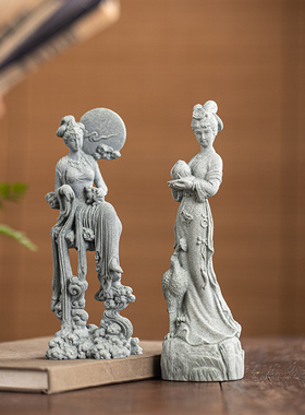 中式神话人物嫦娥茶宠摆件青砂石创意麻姑献寿鱼缸造景桌面装饰品