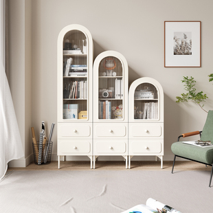 仕嬴客厅书柜带玻璃门小户型组合柜拱形置物柜家用奶油风展示柜子