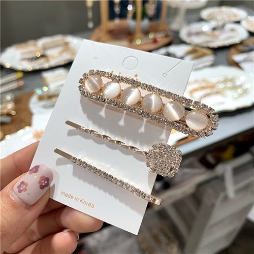 2020新款潮旅行发夹发饰满钻猫眼石发夹三件套网红刘海夹一字夹子