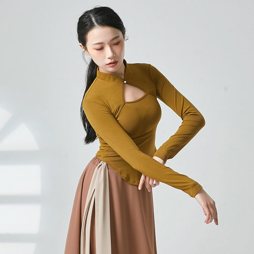 古典舞蹈形体基本功训练功服显瘦教师艺考镂空长袖旗袍领上衣