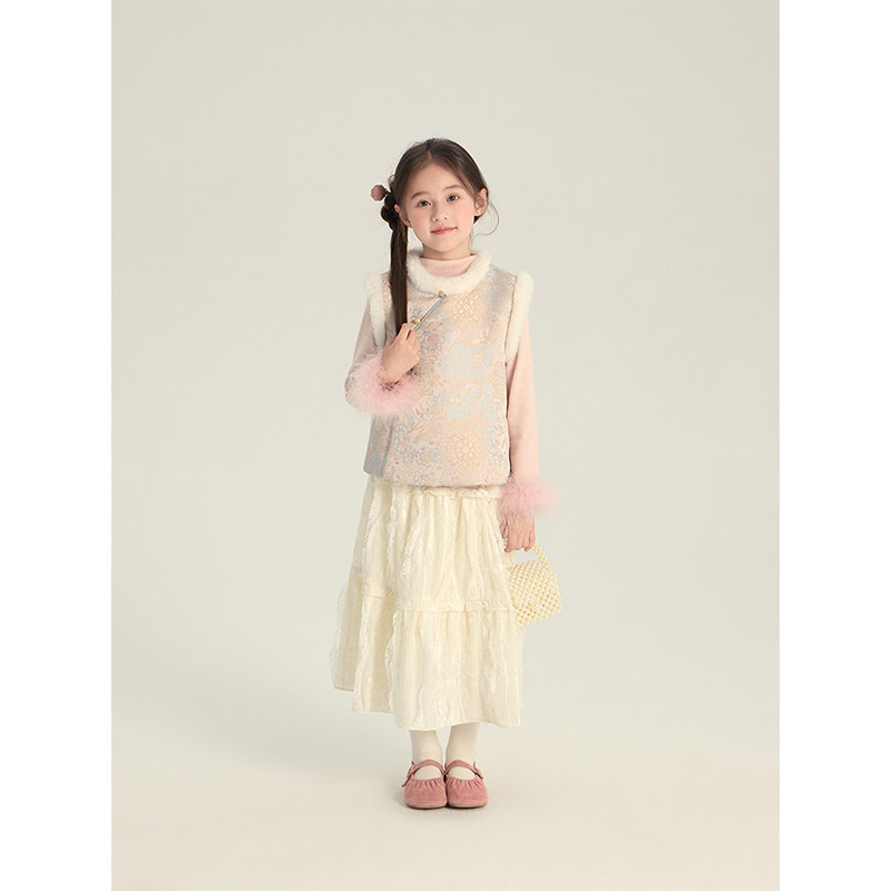 BEIFU贝芙 女童新中式加绒保暖缎面马甲儿童冬季加厚拜年服背心潮