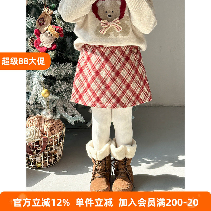 BEIFU贝芙 女童冬季加厚新年款格纹半身裙子儿童洋气保暖百搭短裙