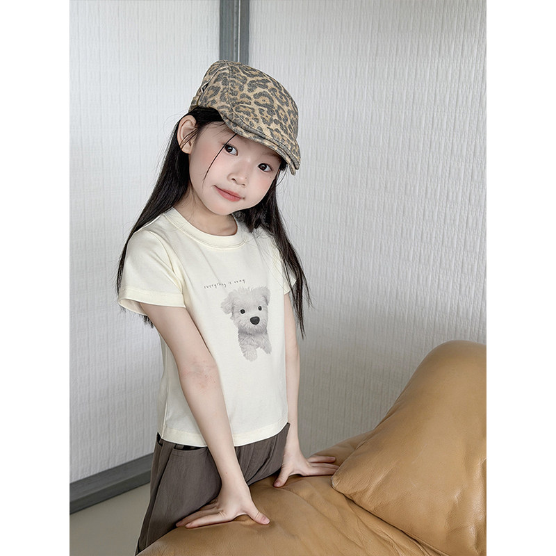 BEIFU贝芙 儿童夏季可爱小狗辣妹风T恤女童韩版弹力修身短袖上衣