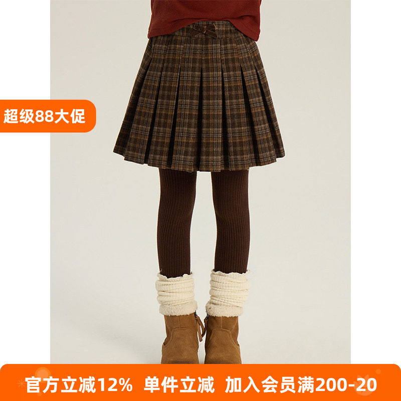 BEIFU贝芙 女童冬季学院风百搭格子半身裙儿童韩版毛呢加绒百褶裙