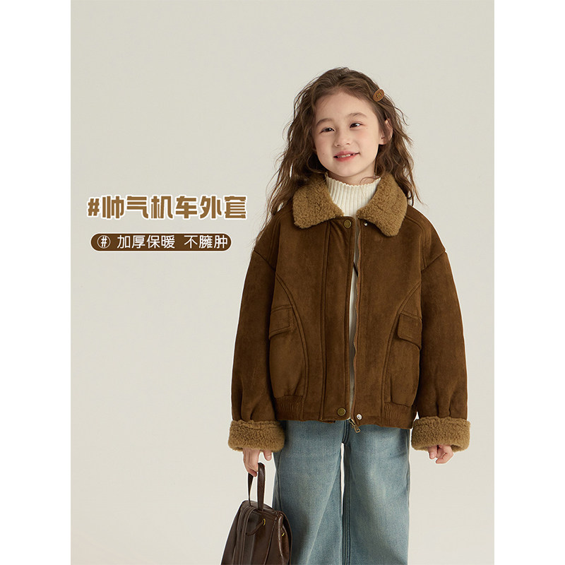 BEIFU贝芙女童冬季复古机车夹克外套儿童皮毛一体加厚保暖棉服