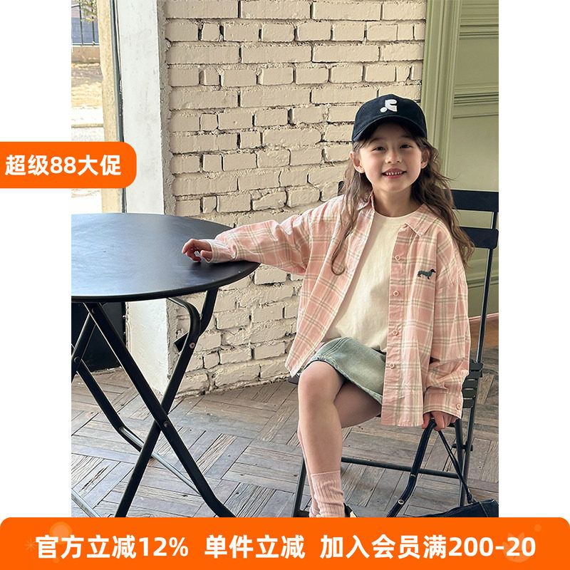 BEIFU贝芙 儿童春秋装纯棉刺绣小狗格子衬衫女童韩版休闲百搭外套