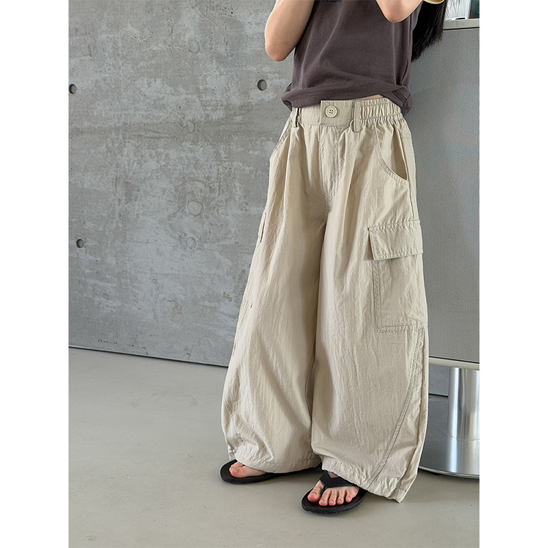 BEIFU贝芙 儿童夏季轻薄拼接休闲工装裤女童时髦口袋宽松直筒长裤