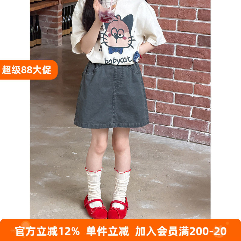 BEIFU贝芙 女童夏季纯棉短裙儿童复古做旧后背花边口袋A字半身裙