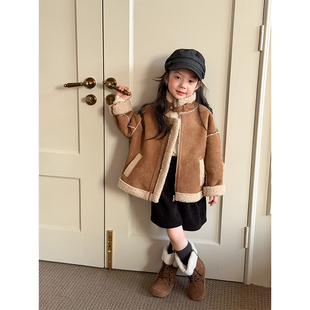 BEIFU贝芙 女童冬季加厚皮毛一体羊羔毛机车服儿童鹿皮绒棉服外套