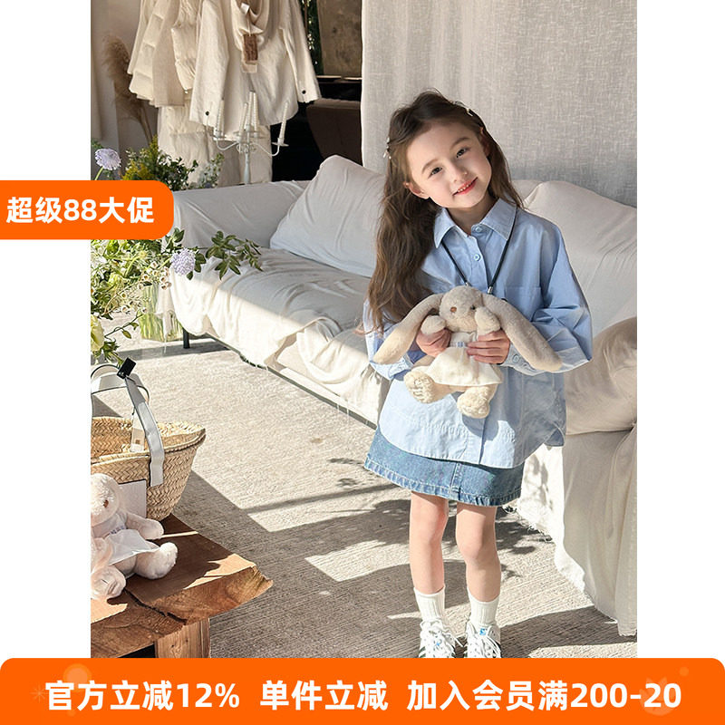 BEIFU贝芙 女童双口袋纯色衬衫儿童宽松翻领长袖衬衣简约秋装上衣