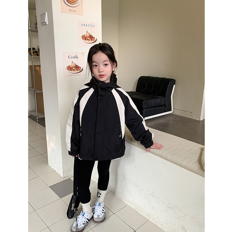 BEIFU贝芙 儿童秋装拼接撞色连帽防水冲锋衣外套女童立领夹克上衣