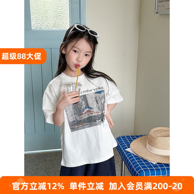 BEIFU贝芙儿童春夏中性风字母短袖T恤女童纯棉百搭宽松打底衫上衣