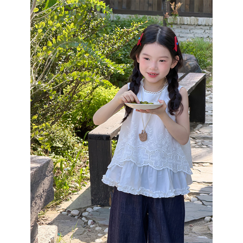 BEIFU贝芙 女童夏季森系蕾丝花边娃娃衫背心儿童全棉休闲上衣T恤