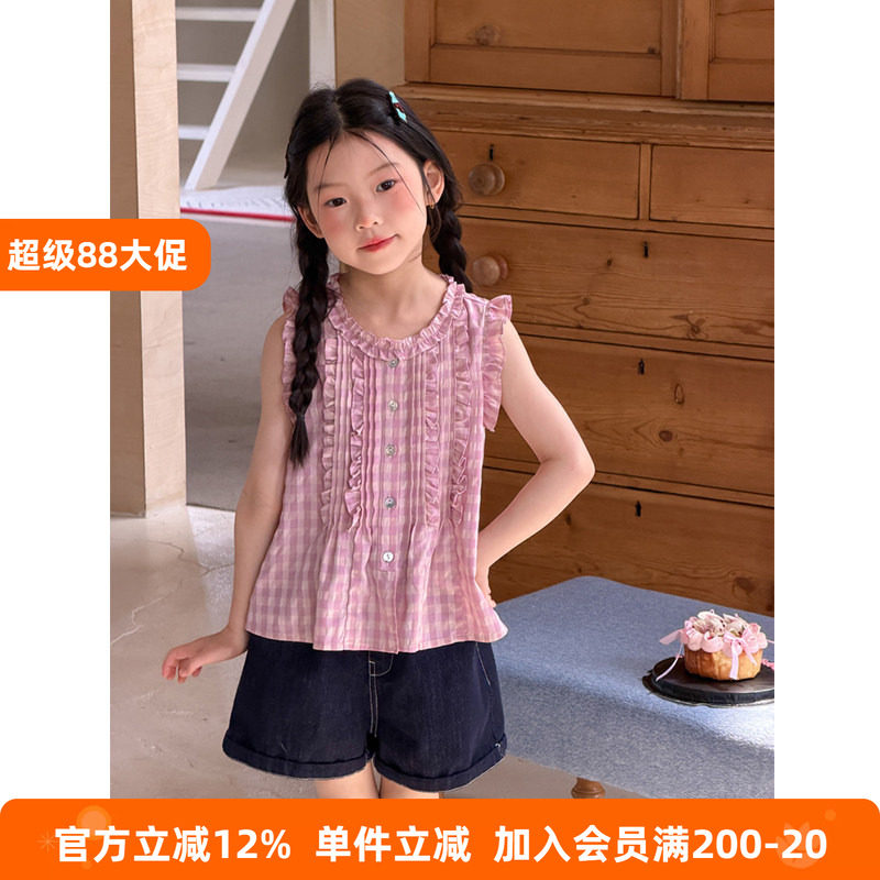 BEIFU贝芙 女童夏季甜美风木耳花边格子背心儿童温柔精致无袖上衣