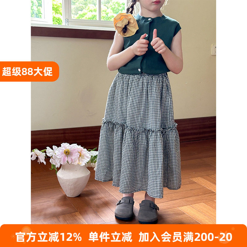 BEIFU贝芙 女童夏季百搭格子半身裙子儿童韩版中长款拼接花边长裙
