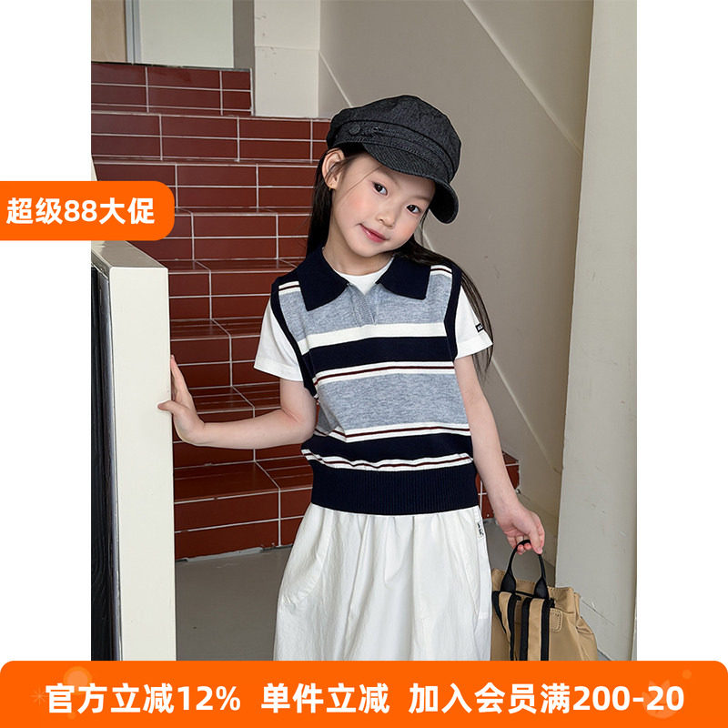 BEIFU贝芙 儿童春夏装条纹翻领马甲背心女童韩版休闲撞色无袖T恤