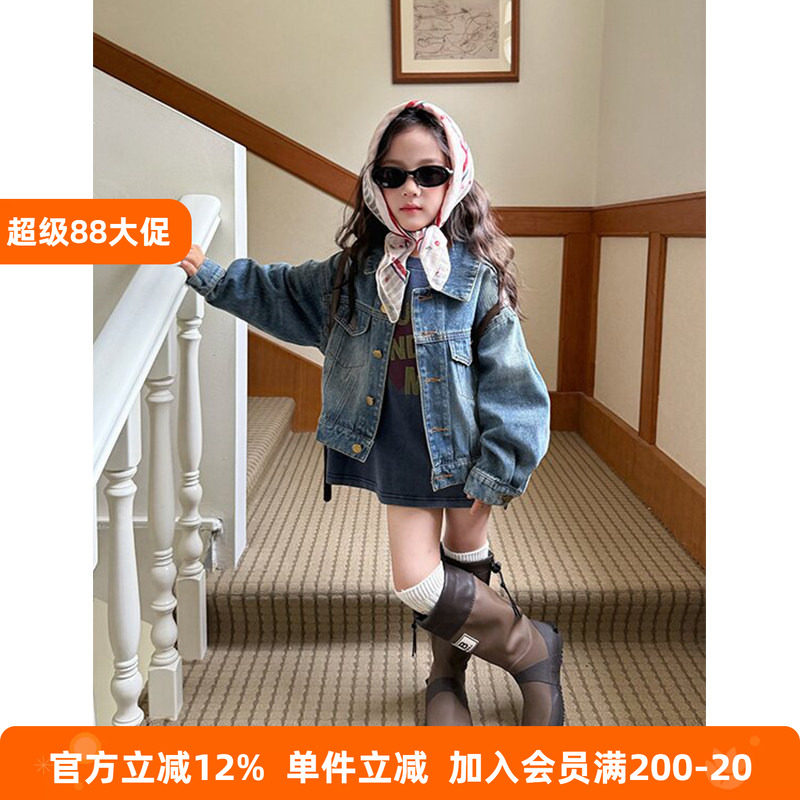 BEIFU贝芙 女童秋装复古牛仔外套儿童做旧水洗短款夹克翻领上衣潮