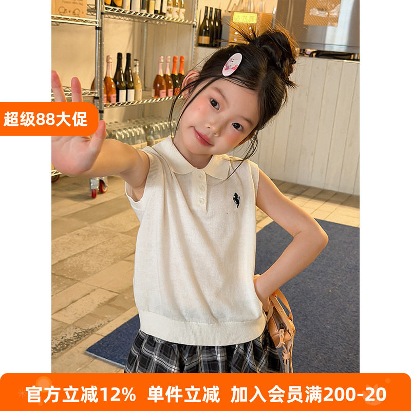 BEIFU贝芙 女童夏季时髦刺绣背心POLO衫女童韩版百搭翻领无袖T恤