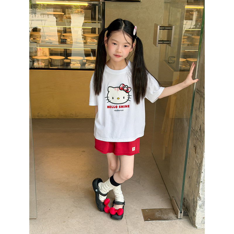 BEIFU贝芙 女童夏季甜美卡通猫咪印花上衣儿童休闲舒适短袖T恤潮