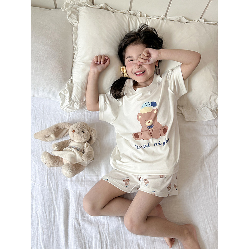 BEIFU贝芙儿童夏季莱赛尔短袖睡衣睡裤女童卡通小熊家居服两件套