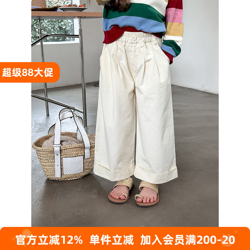 BEIFU贝芙 女童春秋装宽松斜纹棉布卷边休闲裤儿童韩版百搭直筒裤