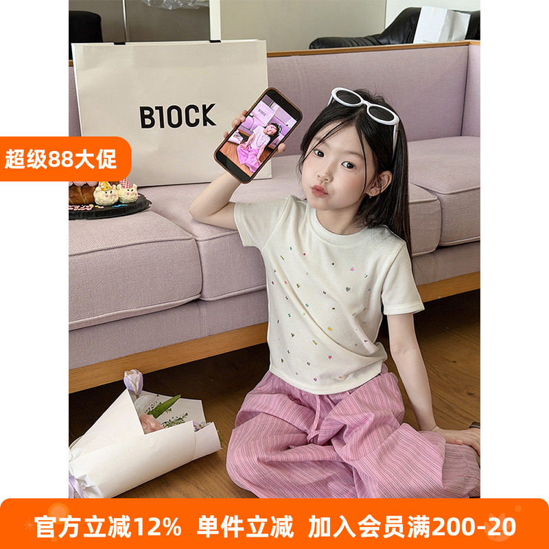 BEIFU贝芙 女童夏季满印彩钻短袖T恤儿童韩版百搭莱赛尔亮钻上衣