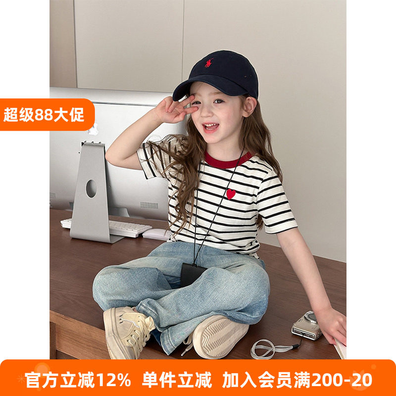 BEIFU贝芙 儿童夏装爱心刺绣条纹短袖T恤女童韩版百搭撞色打底衫