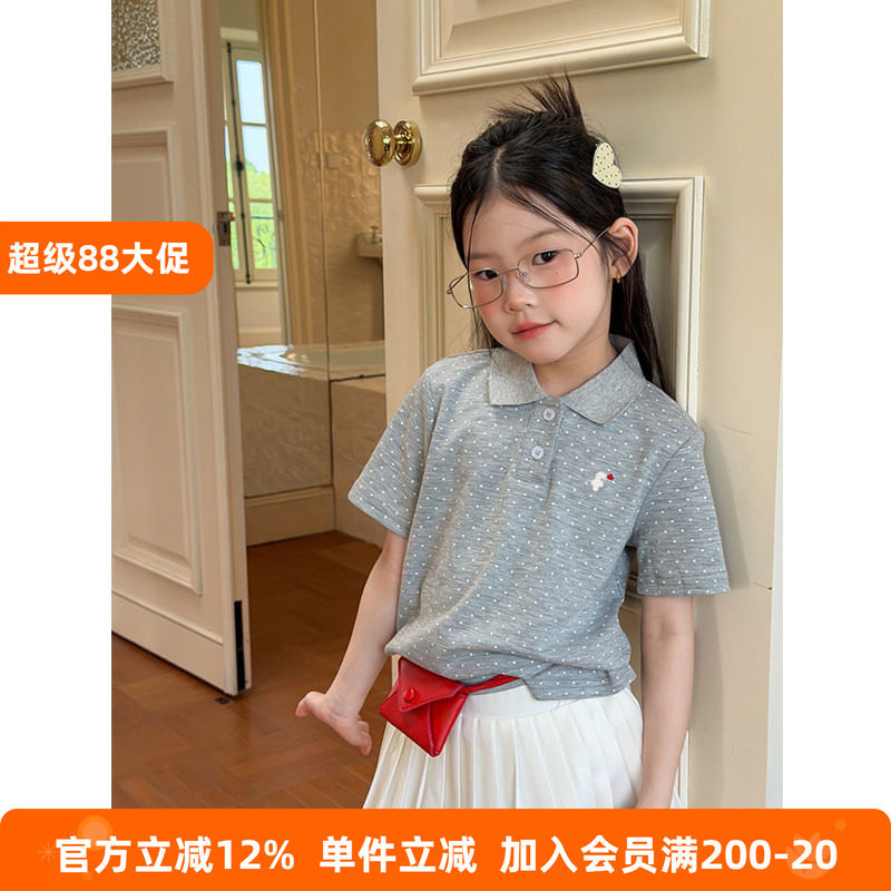 BEIFU贝芙 女童夏季学院风翻领字母刺绣polo衫儿童简约款短袖T恤