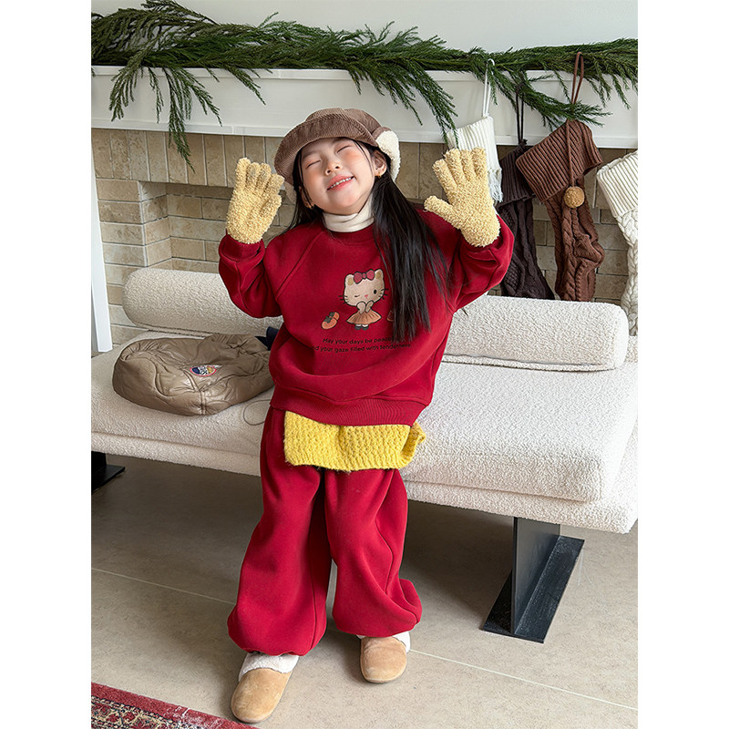 BEIFU贝芙 儿童冬季加绒猫咪卫衣卫裤套装女童韩版加厚保暖两件套