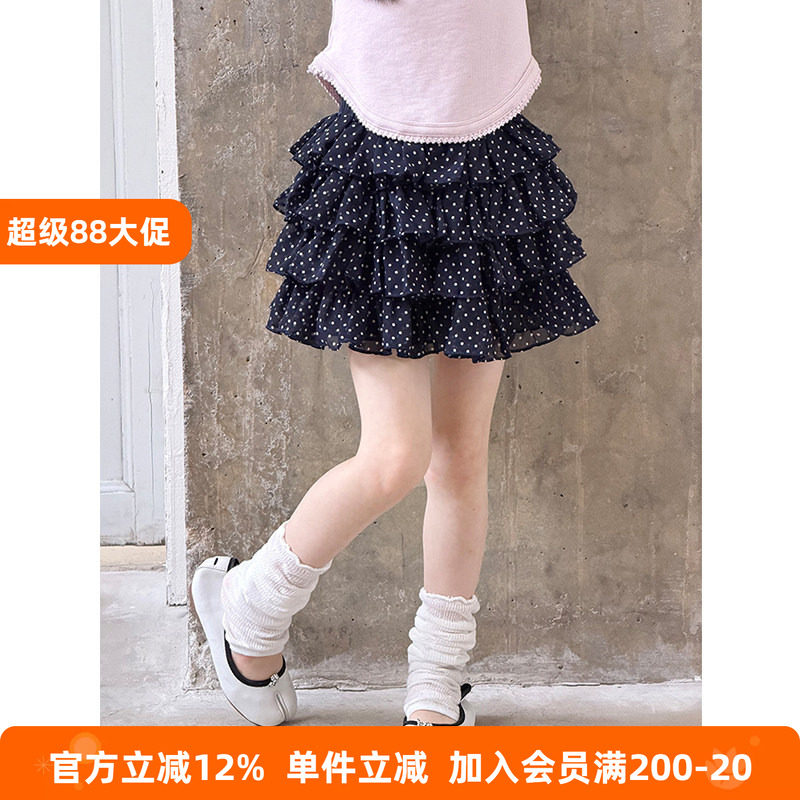 BEIFU贝芙 女童夏季甜美层次感蛋糕短裙儿童复古波点雪纺半身裙子