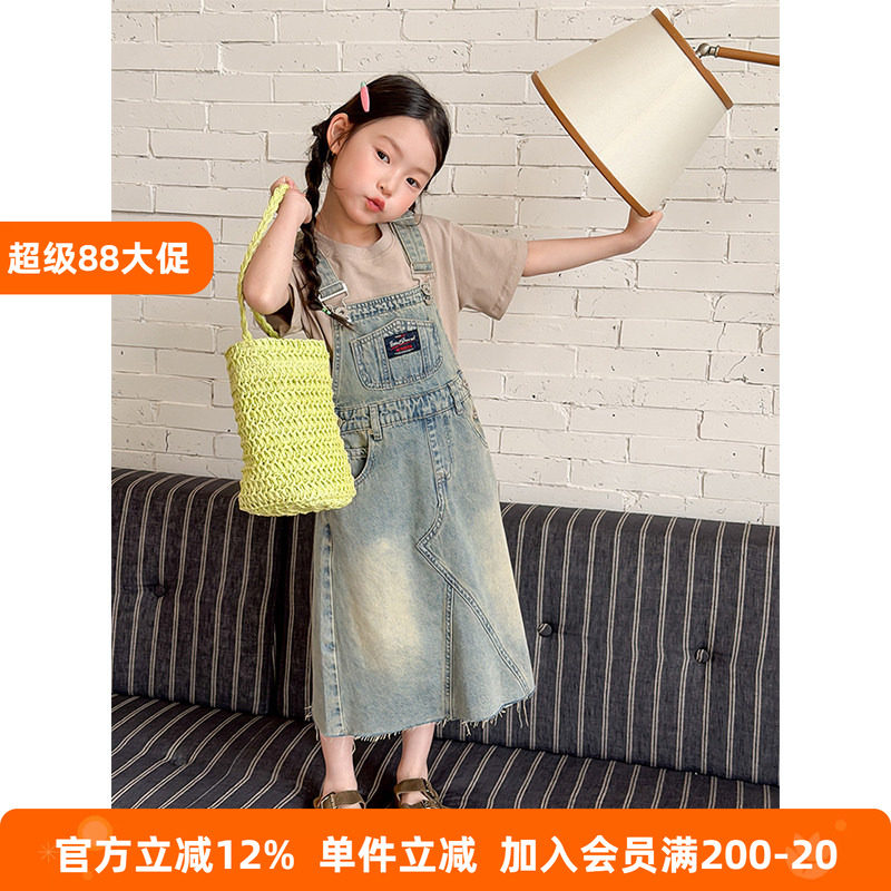 BEIFU贝芙 女童春夏时髦复古牛仔背带裙儿童休闲拼接字母连衣裙子