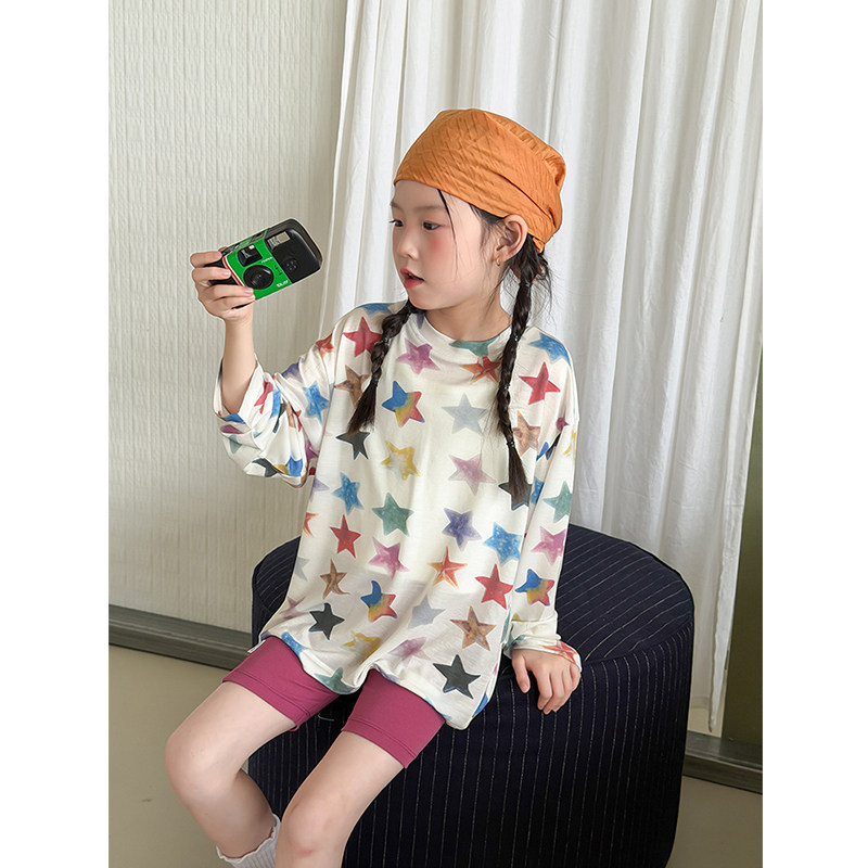 BEIFU贝芙 女童夏季彩色星星防晒衣T恤儿童莱赛尔凉感长袖打底衫