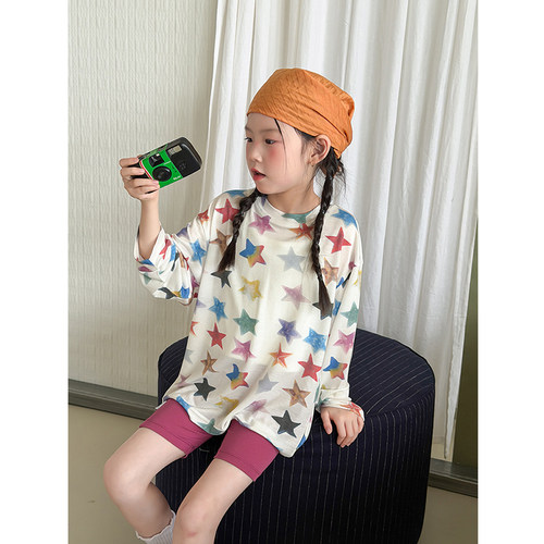 BEIFU贝芙 女童夏季彩色星星防晒衣T恤儿童莱赛尔凉感长袖打底衫