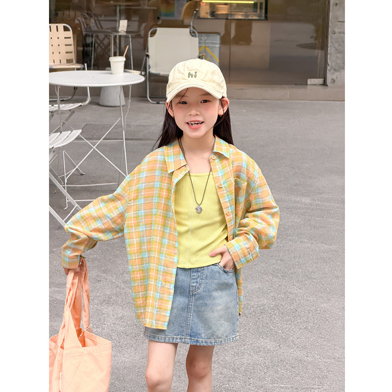 BEIFU贝芙 女童夏季清新格子防晒衣衬衫儿童轻薄纯棉舒适外套上衣