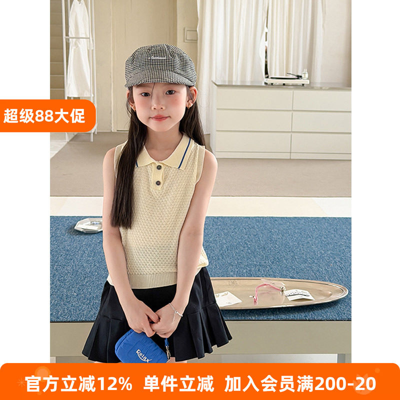 BEIFU贝芙 女童学院风镂空网眼针织背心儿童polo衫翻领无袖上衣夏