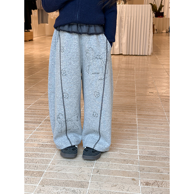 BEIFU贝芙 儿童春秋装满印蝴蝶结拼接直筒裤女童假两件屁帘休闲裤