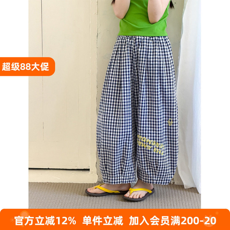 BEIFU贝芙 女童夏季宽松格子灯笼裤儿童印花轻薄休闲防蚊阔腿长裤